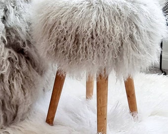 100% Mongolian Sheepskin Fur Stool with Wood Legs, Choice of Colors.