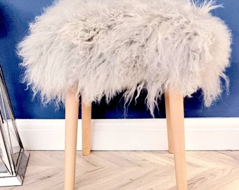 100% Genuine Mongolian Fur Stool Dressing Table Stool Dove Gray with Wooden Legs. 50cmx42x42.