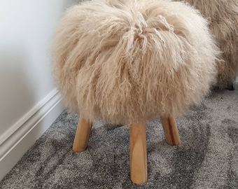 100% Genuine Mongolian Sheepskin Fur Footstool Caramel with Wooden Legs 44 cm