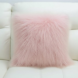 Peut inclure: Un coussin carré rose clair avec une surface duveteuse et texturée. Le coussin a un aspect hirsute et bouclé, et est placé sur une surface blanche. Le coussin est une pièce d'accent douce et accueillante pour la décoration intérieure.