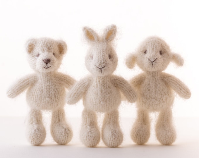 Newborn photography props. Knitted hat and toy. Lamb, sheep, rabbit, bunny, teady, bear.