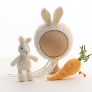Newborn photography props. Knitted hat and toy. Rabbit, bunny, carrot.