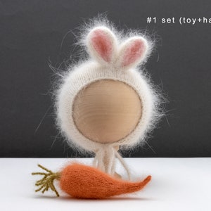 Newborn photography props. Knitted hat and toy. Rabbit, bunny, carrot.