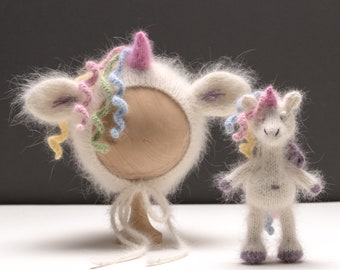 Pre-order. Rainbow Unicorn. Angora yarn. Knitted little toy, heart, hat. Fluffy newborn props for photography.