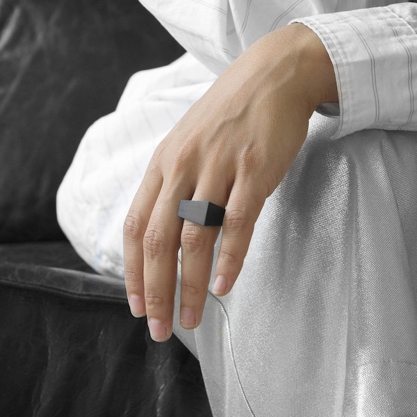 Handmade Black Concrete Ring: Asymmetric Geometric Resin Jewelry