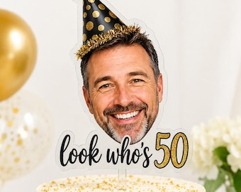 Personalized Face Cake Topper, 30th, 40th, 50th, 60th,  Custom Photo Birthday Cake Topper, Funny Face Cutout Topper, Any Age Party Decor