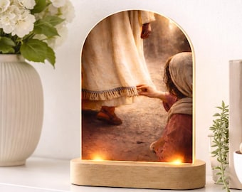 Personalized Woman Healed By Faith Nightlight - Custom Verse LED Wood Base Lamp - Jesus Heals Woman Christian Gift
