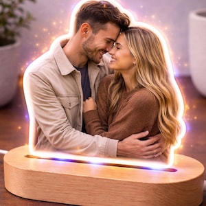 Custom Photo Statuette, Personalized Acrylic Keepsake, Family Portrait Display, Wood LED Base