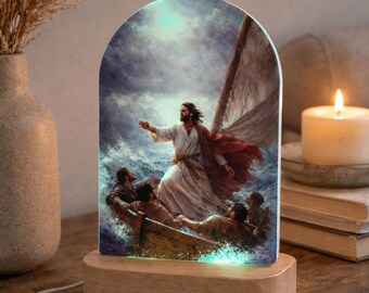 Personalized Jesus Night Light - Custom Verse LED Wood Base Lamp - Jesus Calms The Storm Christian Gift