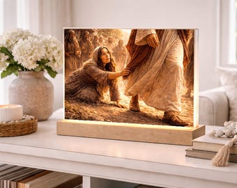 Personalized Jesus Heals Woman Night Light, Faith Healing Art, LED Wood Light Base, Christian Gift, Touching Garment