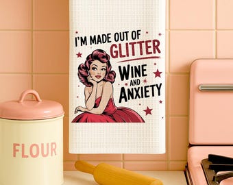 Retro Housewife Waffle Weave Kitchen Towel, Sarcastic Snarky Humor, Funny Kitchen