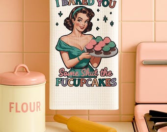 Sarcastic Retro Housewife Waffle Towel, Funny Kitchen Decor