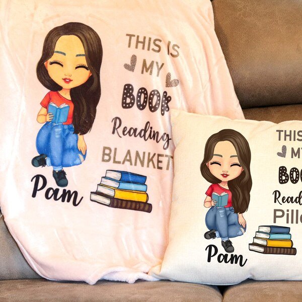 Personalized Book Reading Blanket, Custom Book Lover Throw, Cute Girl Blanket With Name, Cute Book Reader Pillow, Fleece Sofa Blanket