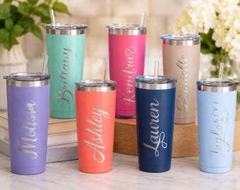 Personalized Name Tumbler with Straw, Engraved Stainless Steel Cup, Custom Name Cup, 20 oz Insulated Travel Mug, Birthday Gift for Her