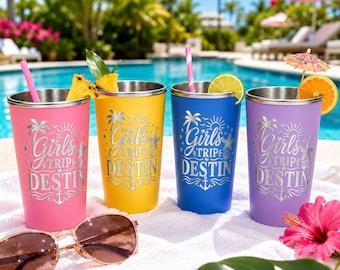 Personalized Girls Trip Party Cup, Beach Vacation, Stackable Reusable Stainless Steel Cup
