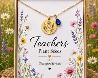 Personalized Teacher Birth Flower Necklace, Teacher Birthstone Gift, Custom Floral Charm Necklace, Teacher Appreciation Jewelry Gift