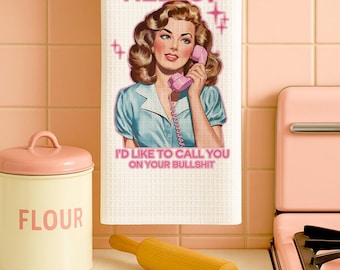 Sarcastic Retro Housewife Waffle Weave Kitchen Towel, Snarky Dish Cloth, Funny Kitchen