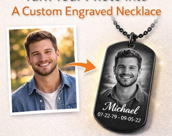 Custom Memorial Photo Necklace – Engraved Picture Dog Tag Necklace – Personalized Remembrance Jewelry – Sympathy Gift for Loss
