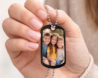 Custom Photo Dog Tag Necklace, Personalized Picture Necklace, Memorial Photo Pendant, Pet Photo Jewelry, Gift for Mom Dad, Family Keepsake