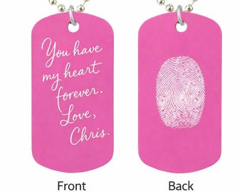 Personalized Fingerprint Dog Tag Necklace, Engraved Keepsake, Custom Handwriting Jewelry, Memorial Gift, Pink Dog Tag Pendant