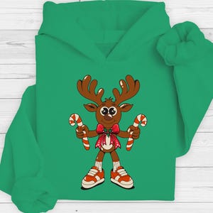 Reindeer Christmas Sweatshirt – Gildan 18000 Unisex Holiday Crewneck, Candy Cane Reindeer Xmas Sweater