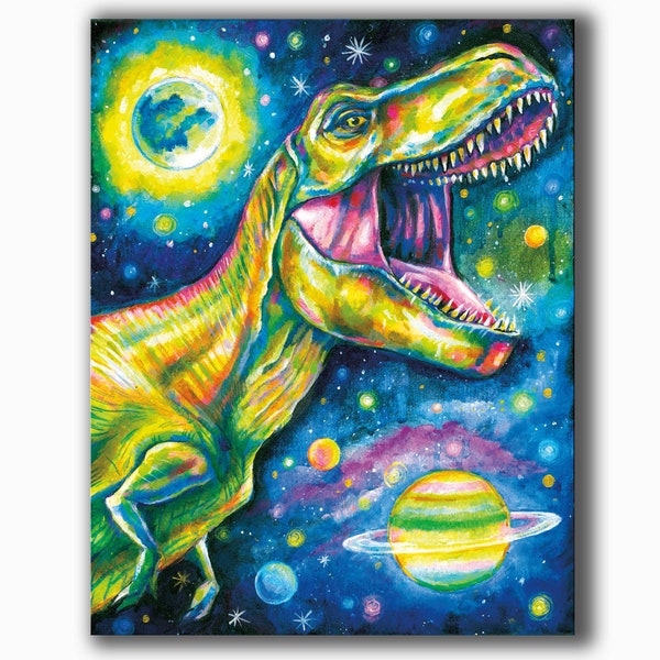Cosmic Dino- Comes ready to hang on wall, T Rex Wall Art, Dino Boys Room, Dinosaur Art Prints, Dinosaur Art for Kids,  Dinosaur Art,