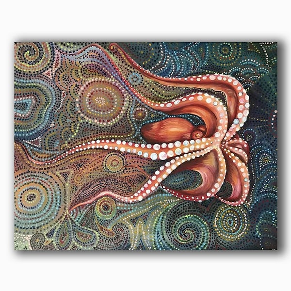 Pulpo psicodélico- Octopus Art Print, pintura de pulpo, decoración de pulpo, arte de pared de pulpo, regalo de amante del pulpo, arte de la vida marina