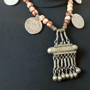 Kuchi necklace with wooden beads and vintage coins
