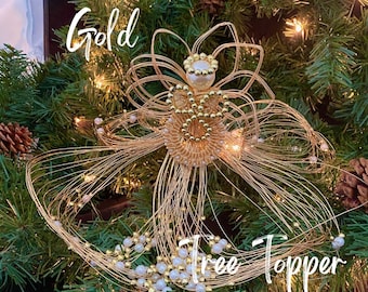 Handmade Gold Wire Angel Tree Topper: Pearl Bead Decoration
