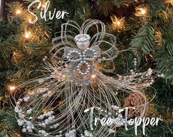 Handmade Silver Wire Angel Tree Topper: Pearl Bead Decoration