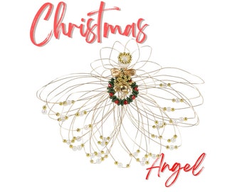 Handmade Gold Wire Christmas Angel Ornament with Wreath, Elegant Holiday Tree Decoration, Beaded Angel Gift