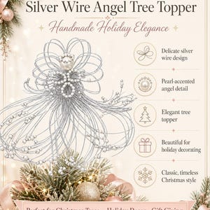 May include: A silver wire angel tree topper featuring a central pearl-accented head and body, with delicate wire loops forming wings and a skirt. The design includes small white beads throughout the structure, presented with text labels.