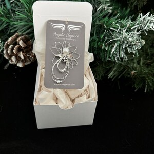 1.5-inch Handcrafted Silver Wire Angel Necklace - accented with silver and white beads. Elegant Heavenly Charm - Unique Gift for Her in a gift box.