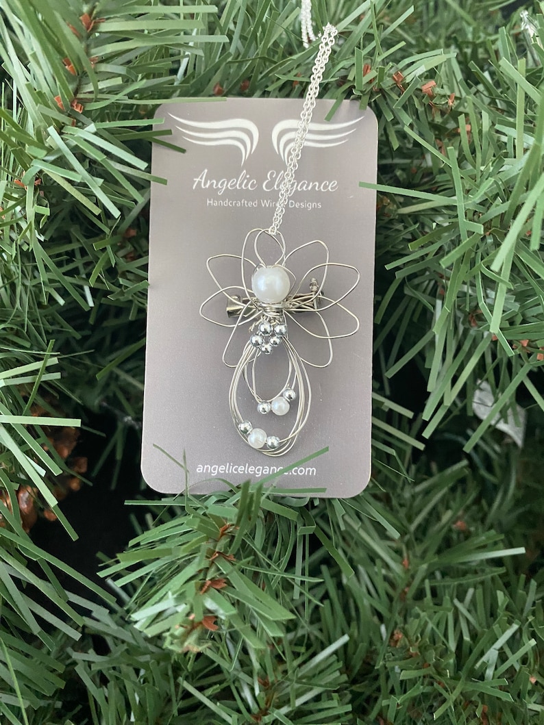 1.5-inch Handcrafted Silver Wire Angel Necklace - accented with silver and white beads. Elegant Heavenly Charm - Unique Gift for Her