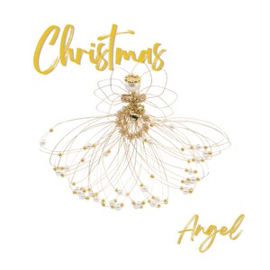 Wire Christmas Angel Ornament, Pearl and Gold Beaded, Wreath Accent, Handmade Holiday Decoration