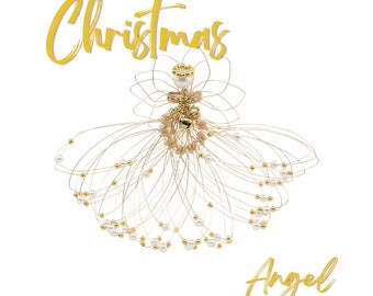 Handmade Gold Wire Christmas Angel Ornament with Wreath, Elegant Holiday Tree Decoration, Beaded Angel Gift