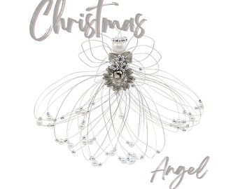 Handmade Silver Wire Christmas Angel Ornament with Wreath, Elegant Holiday Tree Decoration, Beaded Angel Gift