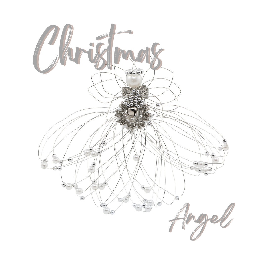 Wire Christmas Angel Ornament, Pearl and Silver Beaded, Wreath Accent, Handmade Holiday Decoration