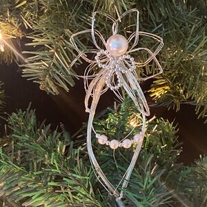 Wire Angel Tree ornament -Silver and Pearl beads -Handmade Gift