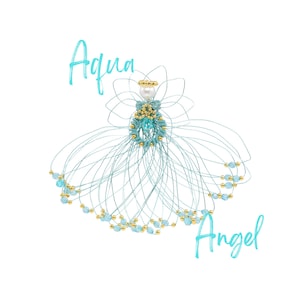 Handmade Aqua Wire Angel Ornament – Gold and Blue Beaded Angel Decoration, Christmas Tree Topper or Gift, Elegant Holiday Décor