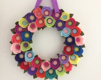 Colorful Spring Wreath, Colorful Easter Wreath, Colorful Felt Flowers Wreath, Mother's Day Gift