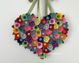 Colorful Heart Wreath for Valentine’s Day, Valentine’s Day Wreath, Felt Heart Wreath, Wood Heart Wreath, Romantic Wreath for Valentine’s Day