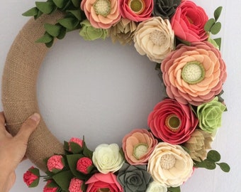 Easter Made to Order 12 Total Diameter and Purple Spring or Summer Wreath Green Small Felt Leaf Wreath in Pink