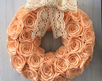 Monochrome Rose Wreath, Rose Wreath for Mother's day, Salmon Rose Wreath, Handmade felt flower wreath, Felt Flower Wreath, Rosette Wreath