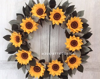 Corona de girasoles de fieltro hecha a mano, decoración otoñal para la puerta