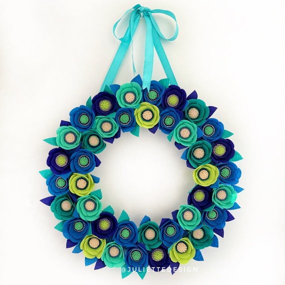 Peacock Wreath, Peacock Colors Wreath, Spring Wreath, Blue Green Felt Wreath, Easter Wreath, Felt Flowers Wreath, Mother's Day Gift