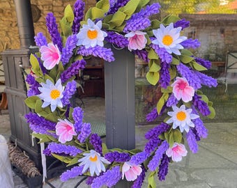 Handmade Felt Lavender Wreath, Spring Summer Floral Decoration, Lavender Door Hanger