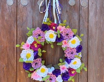 Purple Felt Flower Wreath : Violet Shades Handmade Door Decor