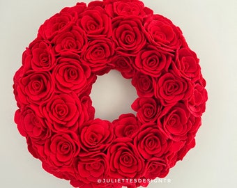 Red Rose Wreath, Monochrome Rose Wreath for Mother's day,  Felt Flower Wreath, Rosette Wreath, Red Rosette Wreath