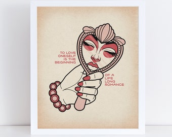 Oscar Wilde - Art Print, American Traditional Tattoo Art, Ideal Husband Quote, To love oneself is the beginning of a lifelong romance